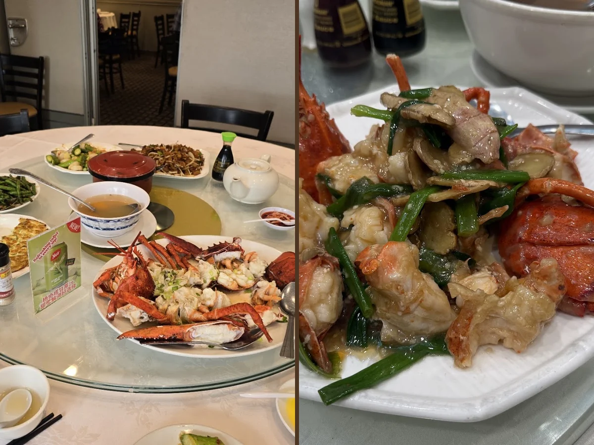 Seafood restaurant dining room with round tables.